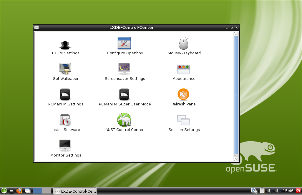 OpenSUSE 12.1 lxde control center.png