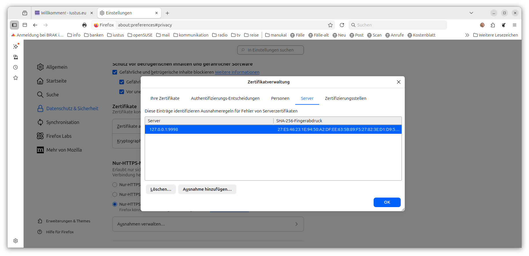 Richtiger Eintrag des Localhost als zugelassener Zertifkatsserver