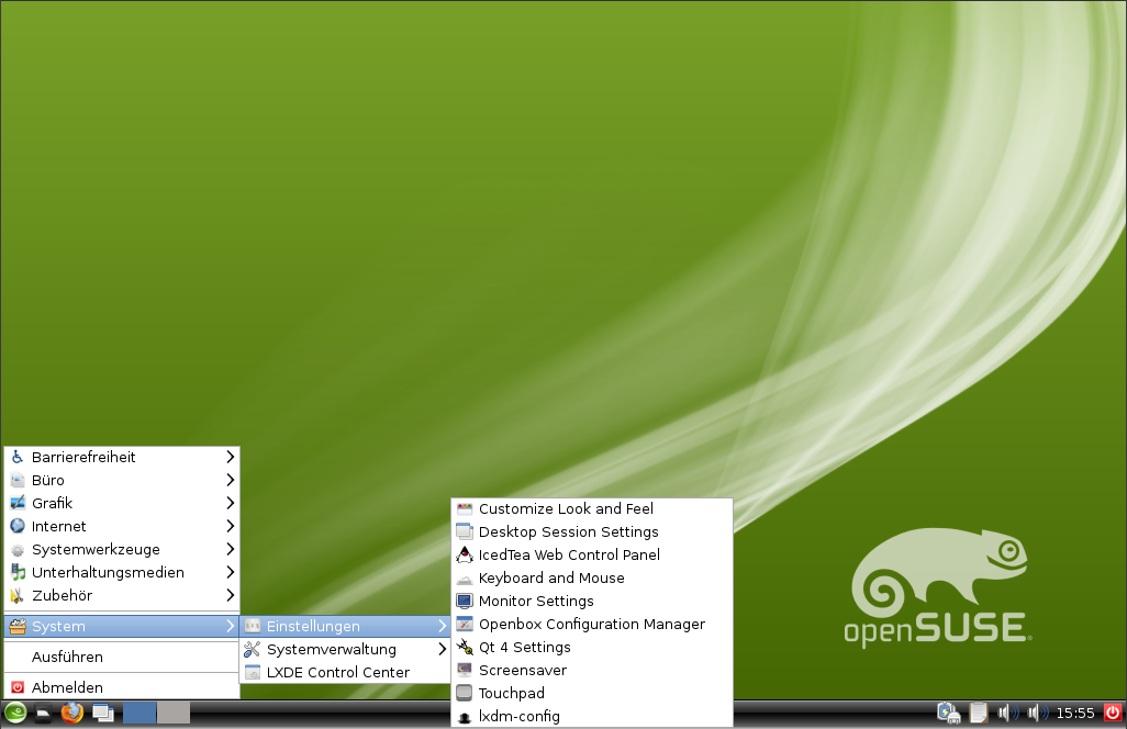 OpenSUSE 12.1 lxde desktop menu.png